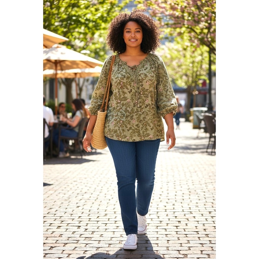 (B-56) Como Blu Women's Boho Blouse Top 3X Green Floral Peasant Tunic Lace Detai